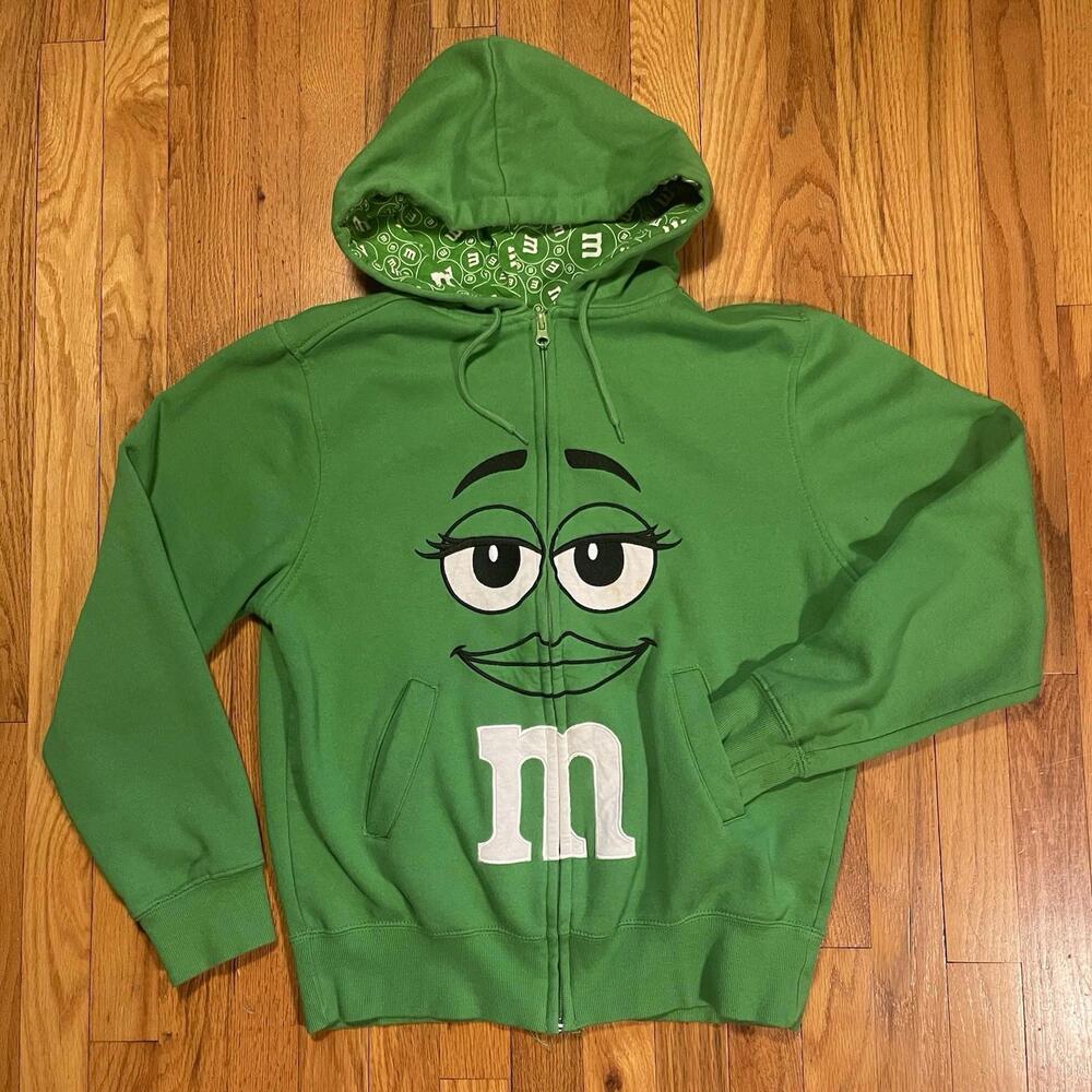 y2k M&M's Big Face Logo Full Zip-Up Fleece Hoodie Embroidered Green Women’s M